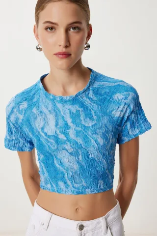 Abstraktes Druck Kurzarm Slim Fit Crop-Bluse