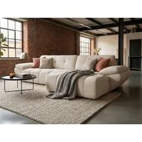 Massivart® Ecksofa weicher Bouclé creme 308 cm / elektr. Sitztiefenverstellung »HUGO«, Ottomane B 144 cm, Nosagfederung, inkl. 2 Zierkissen