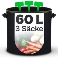 Praknu Pflanzkübel Pflanzsack 60l - 3 STK aus Vliesstoff mit 3 Schilder zum Beschriften (3er Set, 3 St), mit Griff - Für Gemüse, Pflanzen & Blumen - Stofftöpfe - Grow Töpfe