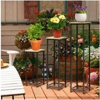 Outsunny Blumenständer Blumentopfhalter im Industriedesign (Pflanzenhocker, 3 St., Blumenständer), für Garten Balkon Schwarz+Natur
