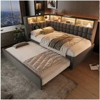 i@home Polsterbett Gästebetten 90×200 cm mit Ausziehbett (LED-Beleuchtung 16 Farben, USB & Type-C Ladefunktion, Bluetooth-Lautsprecher, 1-tlg., Schlafsofa, L-Kopfteil mit Stauraum), Kinderbett ohne Matratze Leinen