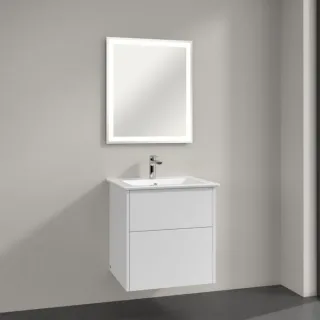 Villeroy & Boch Finero Badmöbel Set 60 cm, Glossy White Waschtisch mit Waschtischunterschrank und Spiegel