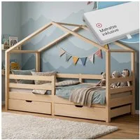 Bellabino Hausbett Abia mit Lattenrost und Rausfallschutz (natur, mit Matratze und zwei Schubladen), Kinderbett 90x200 cm, verfügbar in verschiedenen Ausführungen