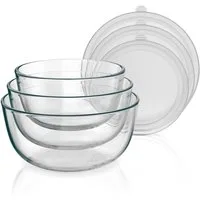 Arendo Salatschüssel 3er Set mit Deckel, Glasschüssel 0,7L / 1,1L / 1,5L, Glas Rührschüssel, Glas, (3er Set, 3-tlg), Glasschale, BPA-frei, Spülmaschinen und Mikrowellen geeignet