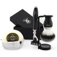 Haryali London Rasierset Premium Mach3 Herren-Rasier-Set, Schwarz mit Pinsel, Seife und Ständer, 5-teiliges Set: Rasierer, Bürste, Ständer, Seife, Schale, Luxuriöses Herrenrasierset mit Metallgehäuse und abnehmbarem Rasierer