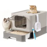 FEANDREA Katzentoilette Katzenklo Edelstahl, für Katzen bis 15 kg, mit Schublade, Schaufel, Bürste, 2 Eingänge