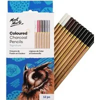 Mont Marte Kohlestift Zeichenstifte Set mit 12 x Zeichenkohle, in mischbaren Farbtönen, (Set, 12-tlg., Ideal für Zeichnungen aller Art), weiß, rot-braun, braun, schwarz, unterschiedliche Härte, Anspitzbar