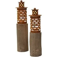 Dekoleidenschaft Bodenwindlicht Windlichtsäule "Türmchen" aus Holz & Metall in Rost-Optik, 43 + 50 cm (2 St., im Set), Windlicht, Holzsäule, Kerzenhalter, Kerzensäule mit Windlichtglas