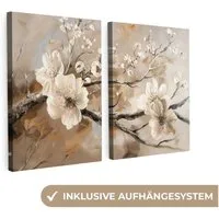 MuchoWow Leinwandbild Blüte - Beige - Abstrakt - Blumen, Fotodruck (2 St), Wand Bilder 2 Set, Deko Schlafzimmer Wohnzimmer Flur 60x40 cm