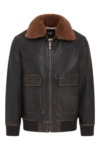 Herren-Bomberjacke aus braunem Leder mit Schaffellkragen, G-1-Pilotenjacke – Trick
