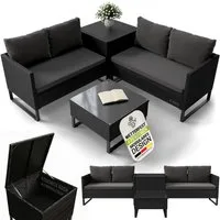Juskys Gartenlounge-Set Santorini, (4-tlg), Polyrattan Sitzgruppe mit Beistelltisch & Auflagenbox, wetterfest