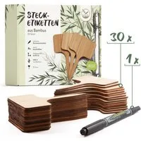 HappySeed Gartenstecker 30x Pflanzenstecker zum Beschriften aus Bambus inklusive Marker