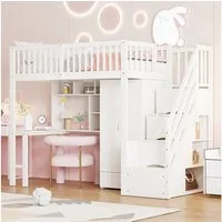 Merax Hochbett (Stauraumtreppe mit Schubladen, 1-St., Jugendbett Einzelbett Holzbett Etagenbett) Kieferholz Kinderbett 90x200cm mit großem Kleiderschrank,Regal & Tisch