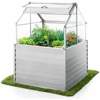 Powertec Garden Hochbeet mit Dach Anzuchtbeet Pflanzbeet Metall Frühbeet Gemüsebeet Gewächshaus, Pflanzschalen mit Drainage, Alu & Stahl galvanisiert