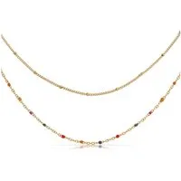Made by Nami Edelstahlkette Damen Halskette zweireihig bunt goldene Perlen verstellbar wasserfest, aus Edelstahl – Boho-Stil – hypoallergen – mit Verlängerung