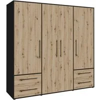 FORTE Kleiderschrank Mokkaris, Garderobe, zeitloses Design, 4 Türen, Made in Europe (B/H/T ca. 206x200x59cm) 4 Schubladen + schwarze Stangengriffe, Made in Europe, viel Stauraum