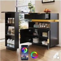 Merax Bartisch 360° drehbar Stehtisch mit LED-Beleuchtung (mobile Kaffeebar, geeignet für Küche/Esszimmer/Wohnzimmer, 1-St., 115–183 × 40 × 99,5 cm), ausziehbar Kücheninsel mit 2 Schubladen, 2 Türen, Regalen und Stauraum