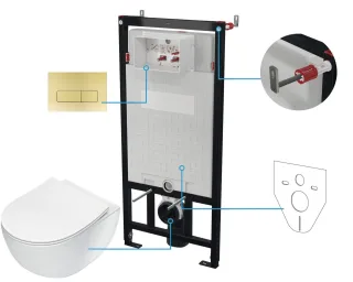 Neuesbad NEW Wand-WC RIMLESS + WC-Sitz + Vorwandelement + CONTROL BUTTON Gold Gebürstet NB1DECDER6ZPW1