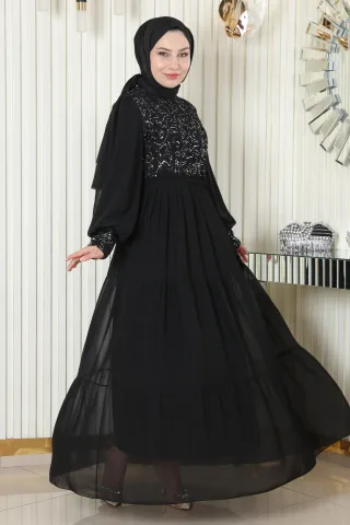 Pailletten Chiffon Abendkleid Schwarz