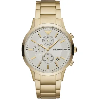 Klassische goldene Uhr der Marke Emporio Armani. Die Uhr ist aus rostfreiem Stahl gefertigt. Das Armband ist ebenfalls aus Edelstahl, hat eine Faltschließe und kann kleiner gemacht werden. Das Gehäuse der Uhr hat einen Durchmesser von 43 mm. Marke: E
