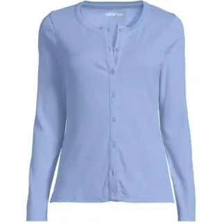 Rippshirt mit durchgehender Knopfreihe, Damen,  Blau, Elasthan/Baumwoll-Mischung, by Lands' End