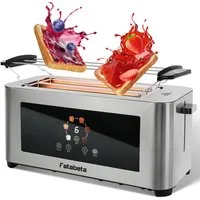 FATABETA Toaster Toaster 4 Scheiben, Doppel-Langschlitztoaster, mit Brötchenaufsatz, 2 lange Schlitze, für 4 Scheiben, 1400 W, LED-Display, Touchscreen, 6 Stufen, Auftauen & Aufwärmen, Edelstahl