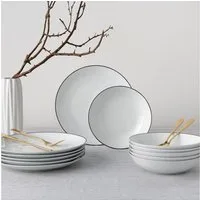 OTTO home Tafelservice Teller Set, Mellinn (12-tlg), 6 Personen, Porzellan, Geschirr, trendige Coupeform, handgemalte, schwarzes Liniendekor