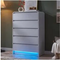 zebery Kommode mit 5 Schubladen, Weiß Holz Sideboard mit LED,Schubladenschrank
