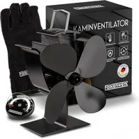 Falkenwerk Kaminventilator ohne Strom - Leiser, effizientzer, wärmebetriebener Ofenventilator, energiesparend, mit Handschuhen und Thermometer