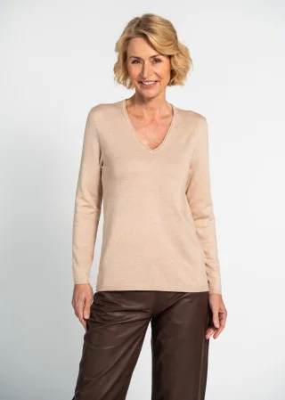 CLARINA - Ganzjahres NOS V-Pullover, 1/1 209 sand mel. - Gr. - 42