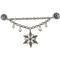 Alpenflüstern Kette mit Anhänger Dirndl-Charivari Glamour-Edelweiß mit Pin-Verschluss (antik-silber-farben), - Hochwertiger Damen-Trachtenschmuck mit Strass-Edelweiß und Perlen, Dirndlkette für die Tracht