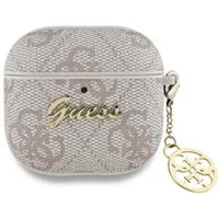 Guess Kopfhörer-Schutzhülle Hülle Case AirPods 4 Kunstleder rosa Logo Metal Kette goldfarbig, Kantenschutz