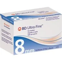 Becton Dickinson Lanzetten BD ULTRA-FINE Pen-Nadeln 0,25x8mm, 31,00G, 105 St., Spar-Set, Latexfrei und ohne Pyrogen, 105 tlg., PentaPoint™ und EasyFlow™ -Technologie