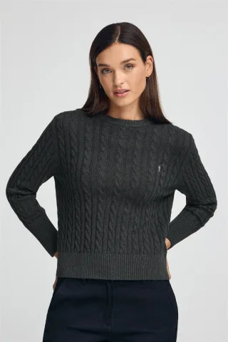 Pullover dunkelgrau meliert mit Rundhalskragen aus Wollgemisch mit gesticktem Rigby Go-Logo