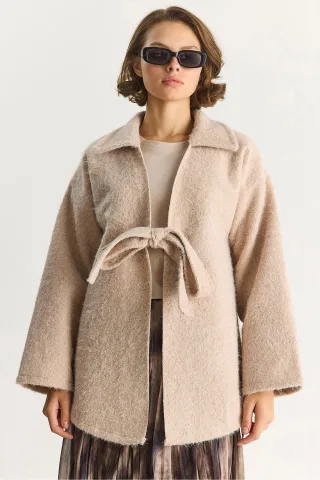Strukturierter Oversized V-Ausschnitt Cardigan mit Krawattenverschluss