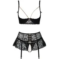 Abierta Fina Set: Bügelloser BH Ouvert-Straps-Set: Offener BH, String mit Kette und Strapsrock (3-tlg) String einladend offen im Schritt