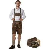 dressforfun Trachtenhose Kurze Lederhose im klassischen Trachtenstil, robust, pflegeleicht (Herrenhose Jonathan, für Volksfeste in antikem Braun) traditionelle Knochenknöpfe, Inkl. Gürtel und Hosenträgern
