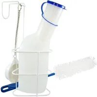 SANISMART Urin-Flasche Set aus Urinflasche + Halter + Reinigungsbürste, kunststoffbeschichtet