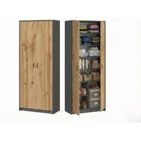Home Collective Mehrzweckschrank Kleiderschrank Regal 74cm breit 180cm hoch Aktenschrank mit sechs Einlegeböden und Extra-Fach, in Anthrazit mit Eichefarben