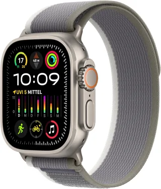 Apple Watch Ultra 2 [GPS + Cellular inkl. Nylon Trail Loop M/L grün/grau] Titangehäuse silber