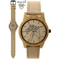 Pacific Time Quarzuhr Damenuhr analog Pferd Holz Canvas Armband, Gratis Versand