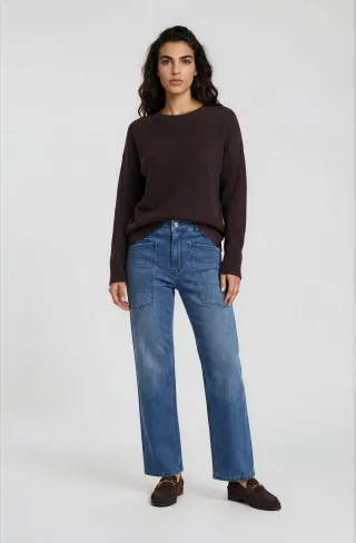 Milano Italy - round neck 1/1 sleeve + lace at hem mocca - Gr. - L