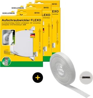 SCHELLENBERG Aufputz-Gurtwickler "Flexo Rollladensystem Mini, inkl. Gurt weiß und Gurtführung" Set, 3 Stk. tlg. Aufschraubwickler aufklappbar, höhenverstellbar, 180 schwenkbar weiß