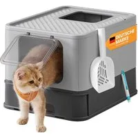 FEANDREA Katzentoilette mit Deckel, mit Tablett, Schaufel und Bürste, Auslaufsicherer Boden, für Katzen bis 15 kg, 1er/2er Set