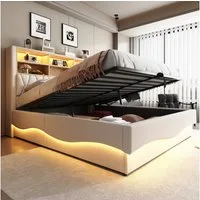 STILVORA Polsterbett 180x200 mit LED&USB,Jugendbett Doppelbett mit Lattenrost&Matratze (mit Hydraulischem Stauraum, APP-gesteuertes LED-Lichtband, USB-Ladeanschluss, Leinenbezug, Platzsparendes Bett mit Stauraum für Bücher und Bettzeug, 180x200 cm), 