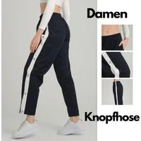 Kendindza Collection Jogginghose Knopfhose Jogginghose mit Druckknöpfen Sporthose Damen Relaxhose Tunnelzug Gummibund Streifen Knöpfe
