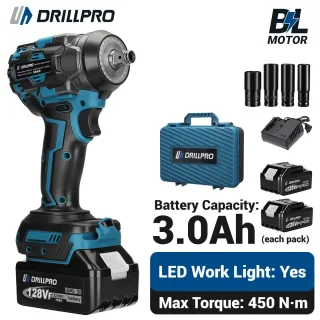 Drillpro Cordless Impact Wrench Brushless 450 Nm 2x 3.0Ah Batteries LED Work Light EU Charger 17/19/21/22mm Sockets Stor