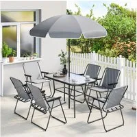 Outsunny Garten-Essgruppe mit 6 Klappstühlen, Sonnenschirm, Wasserwellenmuster, (Gartenset, 8-tlg., Gartenmöbel Set), für Garten Terrasse Grau