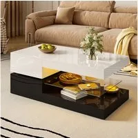 Merax Couchtisch Beistelltisch mit LED-Beleuchtung und APP- & Bluetooth-Steuerung (Schwarz-Weiß-Design, 90 L x 45 B x 35,5 H (cm), 1-St), Sofatisch Wohnzimmertisch mit Glasablage und Hochglanz-Oberfläche