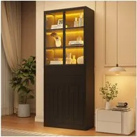 Merax Vitrine mit LED-Beleuchtung, Standvitrine mit 4 Türen aus Sicherheitsglas (70 × 34 × 180 cm, 1-St., Glasvitrine Standvitrine) Hochschrank mit 2 Schubladen, 7 Staufächer & verstellbare Einlegeböden